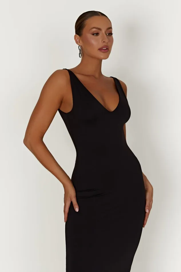 Meshki Midi Dresses Gretel Recycled Nylon V Neck Midi Dress 8211 Black Black 8211 Women