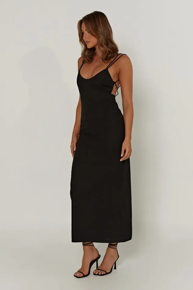 Meshki Midi Dresses Leana Linen Backless Midi Dress 8211 Black Black 8211 Women