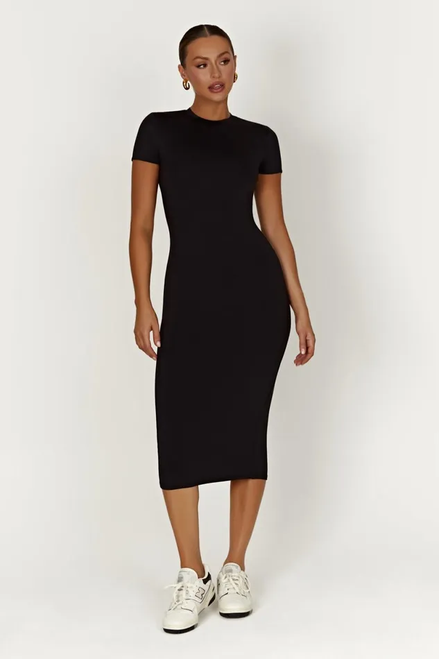 Meshki Midi Dresses Penny Recycled Nylon Short Sleeve Midi Dress 8211 Black Black 8211 Women