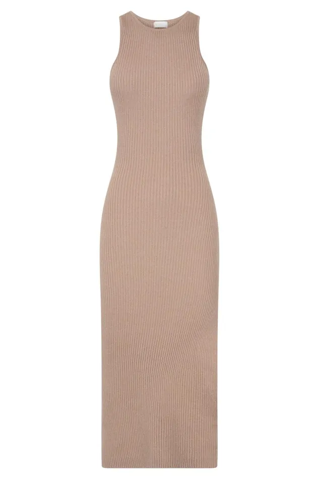 Meshki Midi Dresses Sienna Knee Length Knit Midi Dress With Side Split 8211 Taupe Taupe 8211 Women