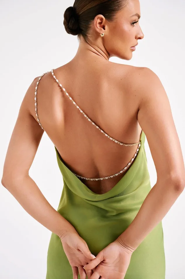 Meshki Mini Dresses Berina One Shoulder Mini Dress With Pearl Trim 8211 Parakeet Green Parakeetgreen 8211 Women