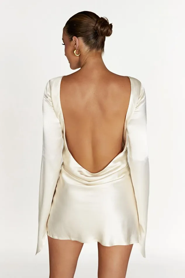 Meshki Mini Dresses Davina Satin Long Sleeve Mini Dress 8211 Ivory Ivory 8211 Women