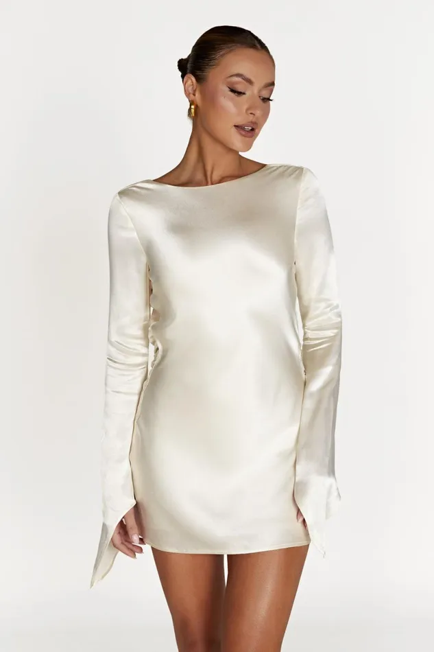 Meshki Mini Dresses Davina Satin Long Sleeve Mini Dress 8211 Ivory Ivory 8211 Women