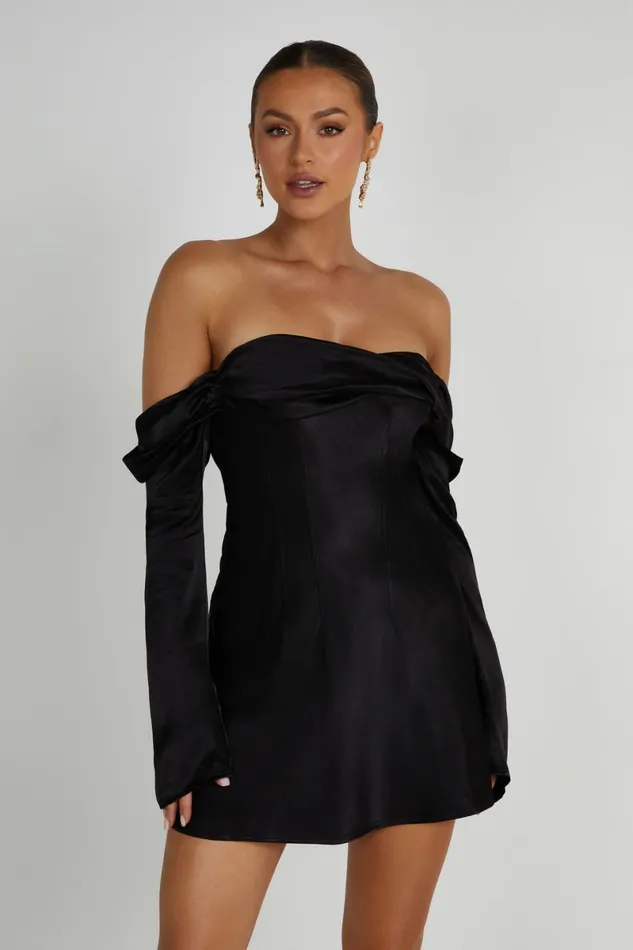 Meshki Mini Dresses Giselle Off Shoulder Satin Mini Dress 8211 Black Black 8211 Women