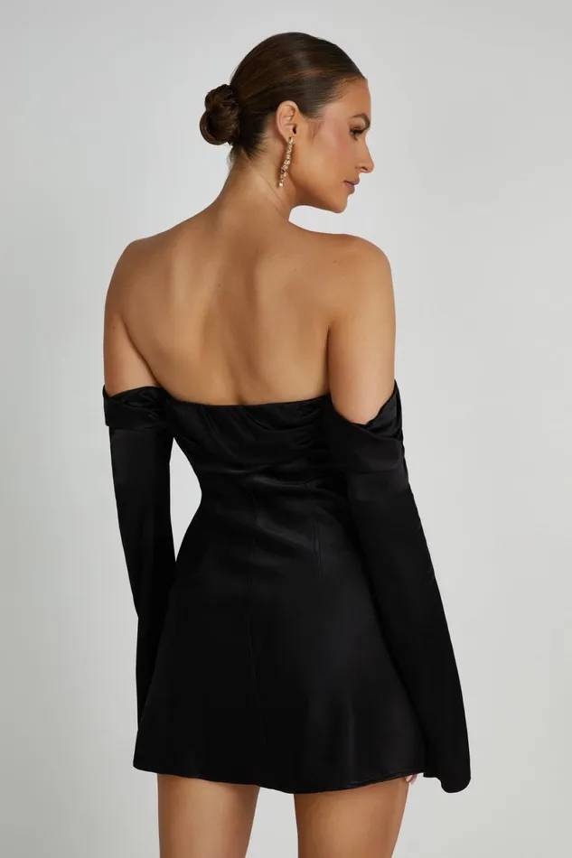 Meshki Mini Dresses Giselle Off Shoulder Satin Mini Dress 8211 Black Black 8211 Women