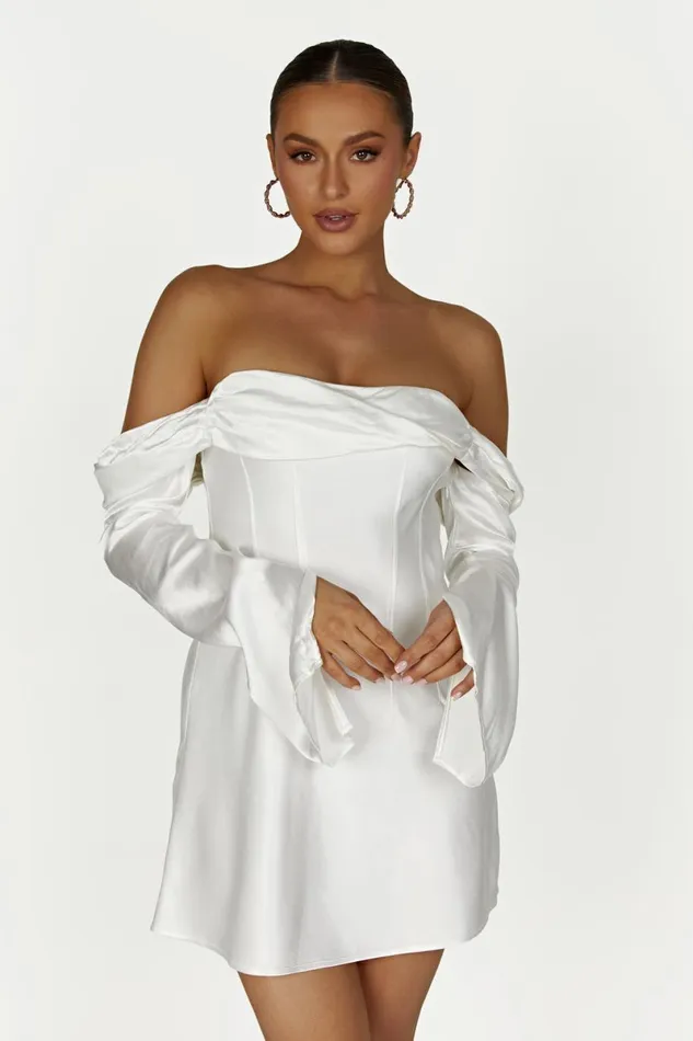 Meshki Mini Dresses Giselle Off Shoulder Satin Mini Dress 8211 White White 8211 Women