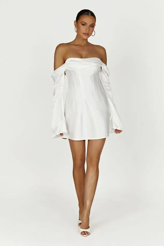 Meshki Mini Dresses Giselle Off Shoulder Satin Mini Dress 8211 White White 8211 Women