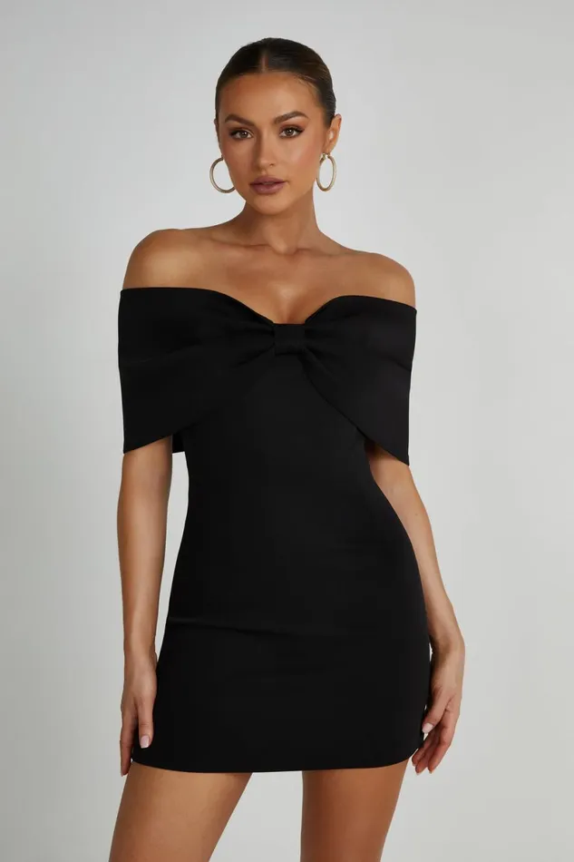Meshki Mini Dresses Gwyneth Off Shoulder Bow Mini Dress 8211 Black Black 8211 Women