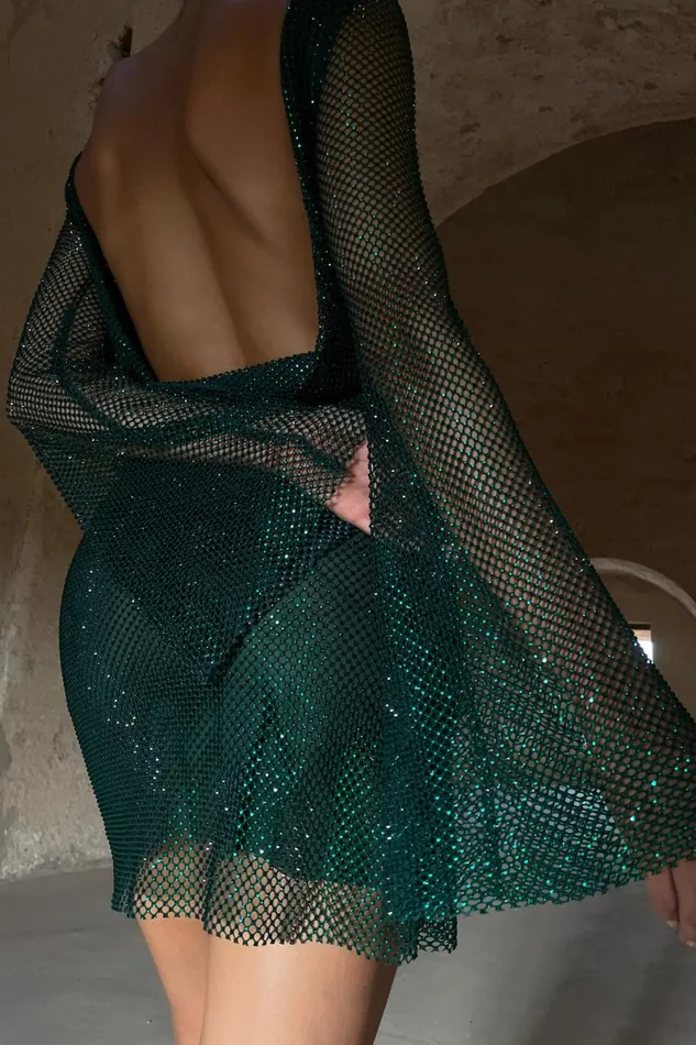 Meshki Mini Dresses Samira Flare Sleeve Diamante Mesh Mini Dress 8211 Emerald Emerald 8211 Women Meshki Mini Dresses Samira Flare Sleeve Diamante Mesh Mini Dress 8211 Emerald Emerald 8211 Women
