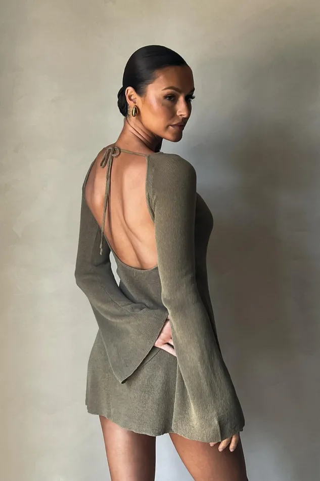 Meshki Mini Dresses Zahra Long Sleeve Open Back Mini Knit Dress 8211 Olive Olive 8211 Women Meshki Mini Dresses Zahra Long Sleeve Open Back Mini Knit Dress 8211 Olive Olive 8211 Women