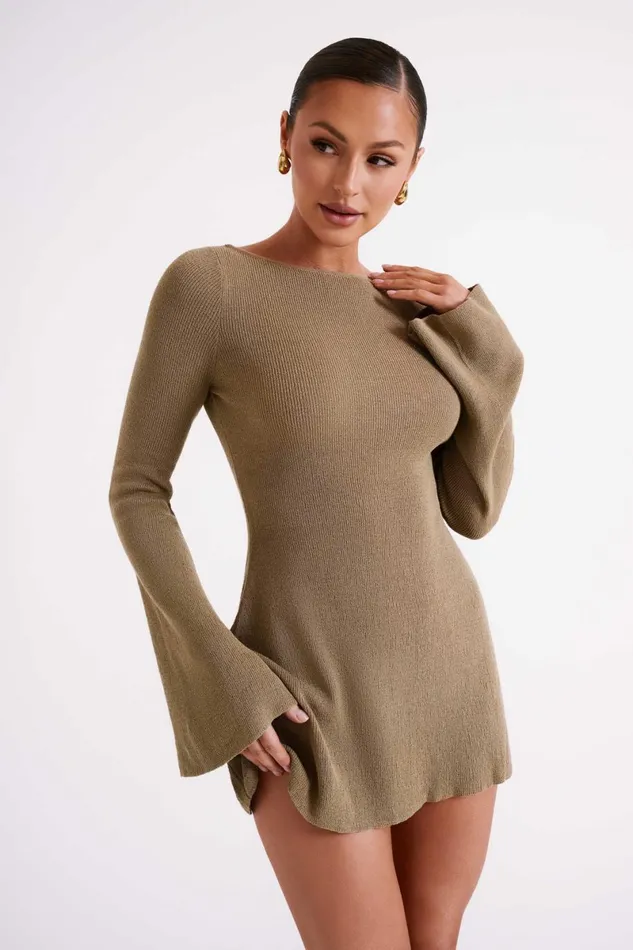 Meshki Mini Dresses Zahra Long Sleeve Open Back Mini Knit Dress 8211 Olive Olive 8211 Women