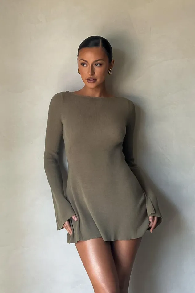 Meshki Mini Dresses Zahra Long Sleeve Open Back Mini Knit Dress 8211 Olive Olive 8211 Women