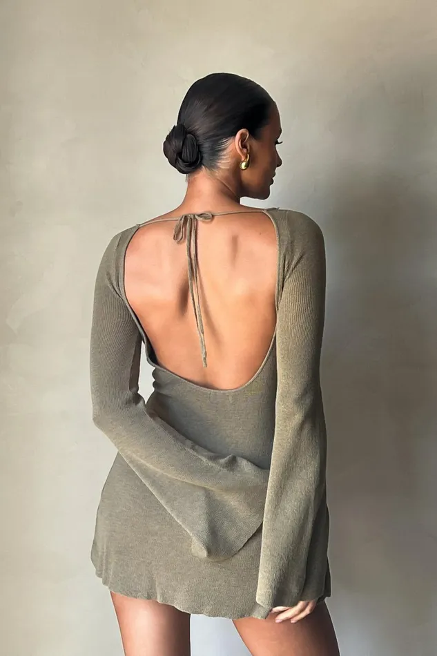 Meshki Mini Dresses Zahra Long Sleeve Open Back Mini Knit Dress 8211 Olive Olive 8211 Women