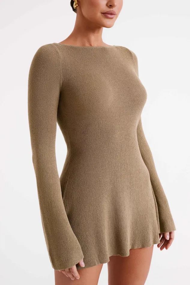 Meshki Mini Dresses Zahra Long Sleeve Open Back Mini Knit Dress 8211 Olive Olive 8211 Women