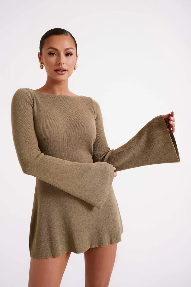 Meshki Mini Dresses Zahra Long Sleeve Open Back Mini Knit Dress 8211 Olive Olive 8211 Women