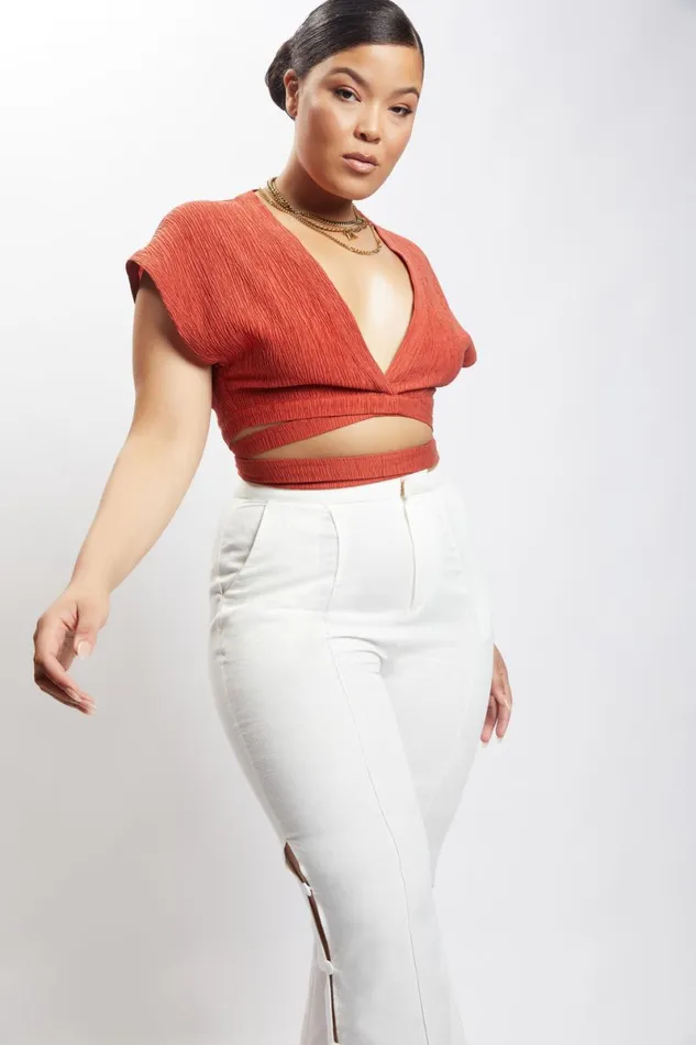 Meshki Short Sleeve Tops Rosa Crinkle Satin Crop Top 8211 Burnt Orange Burntorange 8211 Women Meshki Short Sleeve Tops Rosa Crinkle Satin Crop Top 8211 Burnt Orange Burntorange 8211 Women