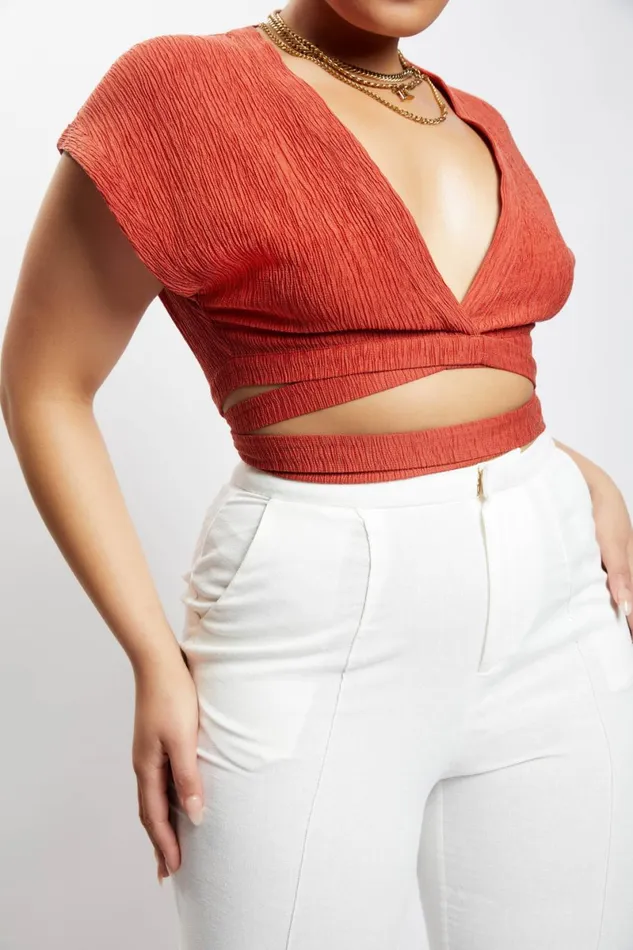 Meshki Short Sleeve Tops Rosa Crinkle Satin Crop Top 8211 Burnt Orange Burntorange 8211 Women Meshki Short Sleeve Tops Rosa Crinkle Satin Crop Top 8211 Burnt Orange Burntorange 8211 Women