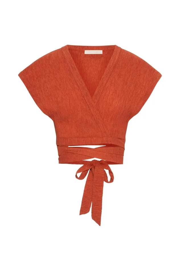 Meshki Short Sleeve Tops Rosa Crinkle Satin Crop Top 8211 Burnt Orange Burntorange 8211 Women Meshki Short Sleeve Tops Rosa Crinkle Satin Crop Top 8211 Burnt Orange Burntorange 8211 Women