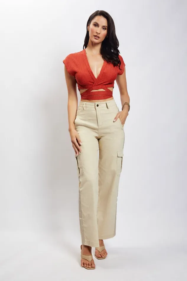 Meshki Short Sleeve Tops Rosa Crinkle Satin Crop Top 8211 Burnt Orange Burntorange 8211 Women Meshki Short Sleeve Tops Rosa Crinkle Satin Crop Top 8211 Burnt Orange Burntorange 8211 Women