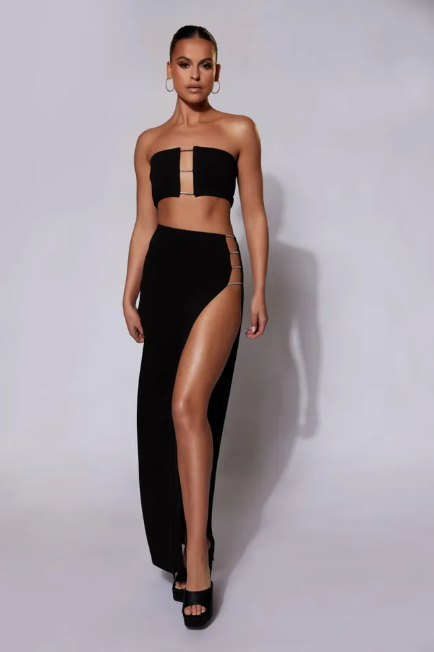 Meshki Skirts Anastasia Diamante Rope Maxi Skirt With Split 8211 Black Black 8211 Women
