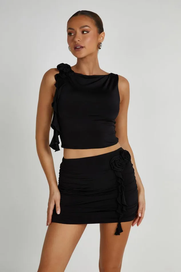 Meshki Skirts Brydee Ruched Rose Mini Skirt 8211 Black Black 8211 Women