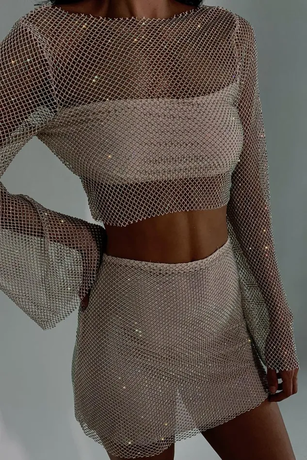 Meshki Skirts Hilton Diamante Mesh Mini Skirt 8211 Cream Cream 8211 Women