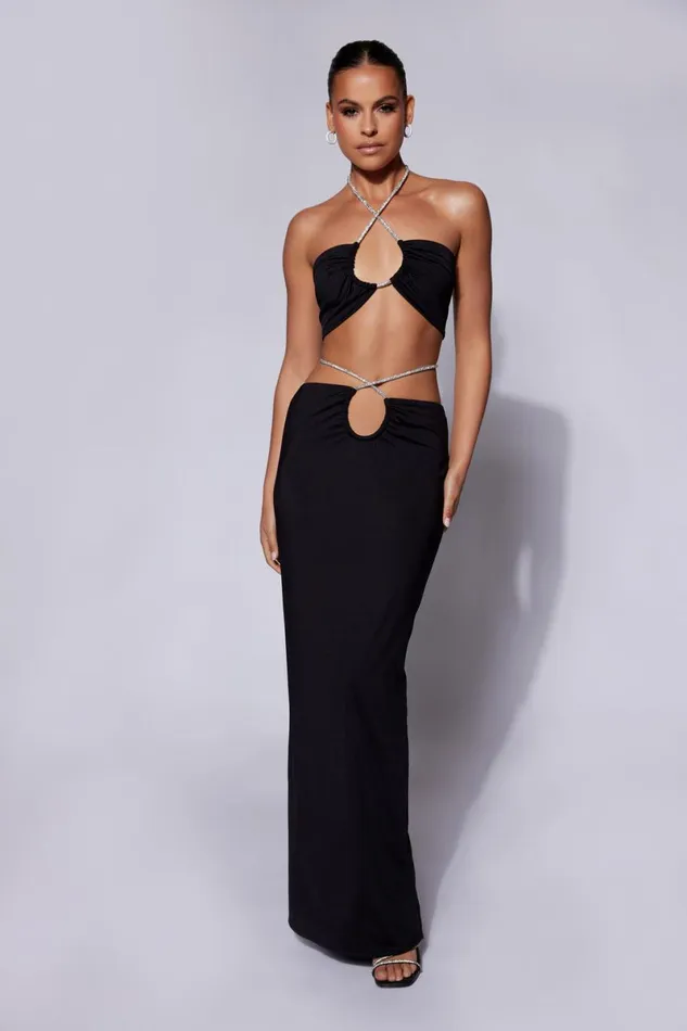 Meshki Skirts Ruby Diamante Rope Ruched Maxi Skirt 8211 Black Black 8211 Women