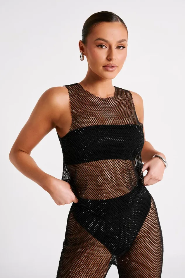 Meshki Sleeveless Tops Emerson Diamante Mesh Tank Top 8211 Black Black 8211 Women