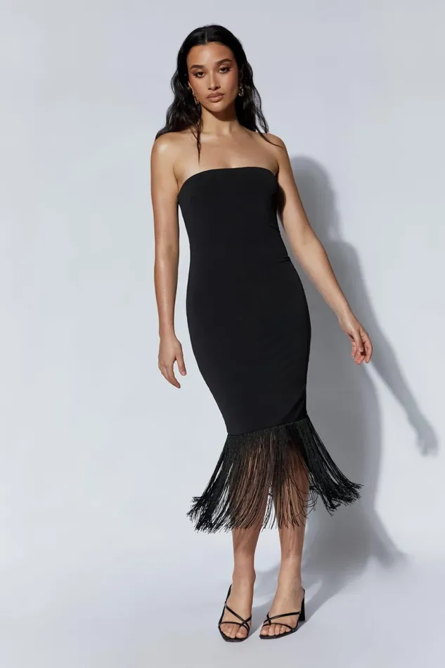 Meshki Wedding Guests Zarina Strapless Fringe Dress 8211 Black Black 8211 Women