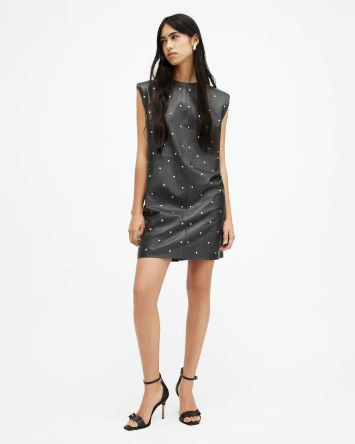 Mika Leather Heart Studded Mini Dress Black Women AllSaints Dresses