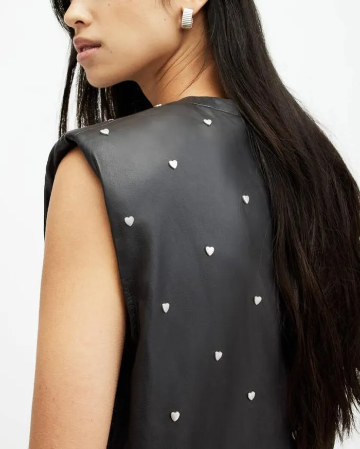 Mika Leather Heart Studded Mini Dress Black Women AllSaints Dresses