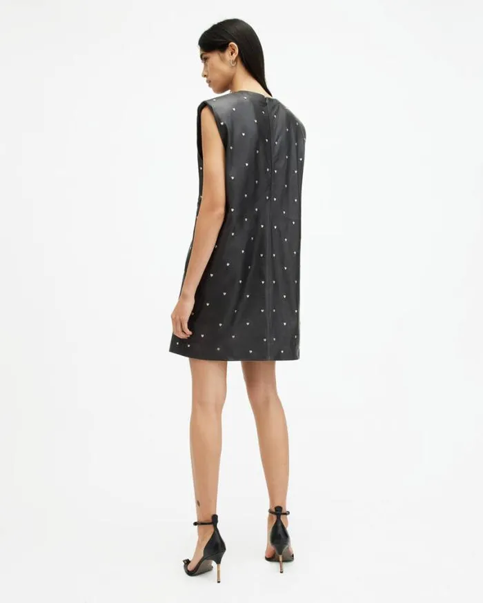 Mika Leather Heart Studded Mini Dress Black Women AllSaints Dresses