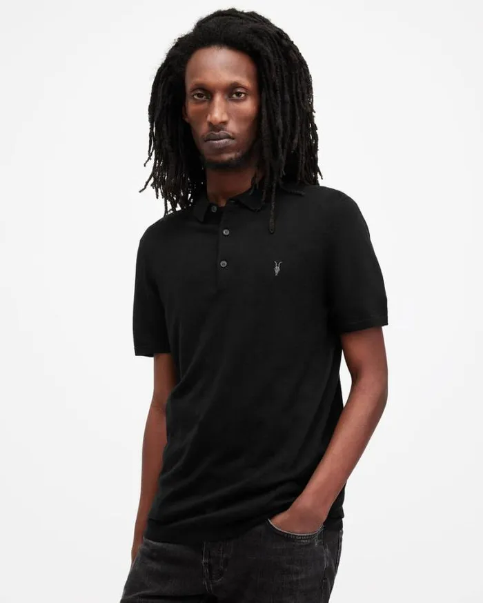 Mode Merino Short Sleeve Polo Shirt Black Men AllSaints Sweaters