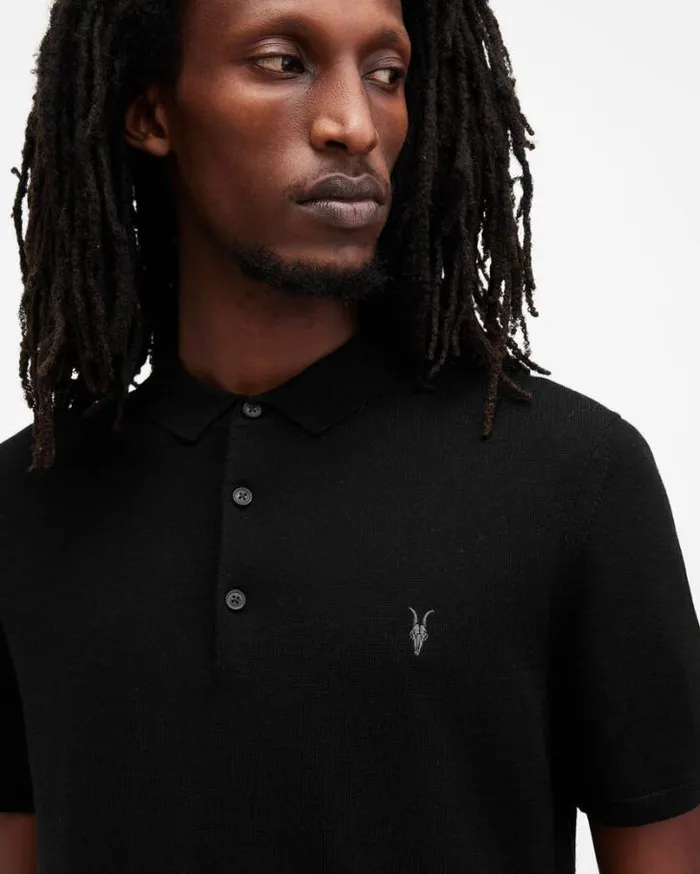 Mode Merino Short Sleeve Polo Shirt Black Men AllSaints Sweaters