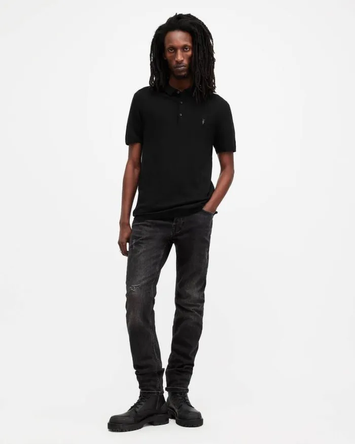 Mode Merino Short Sleeve Polo Shirt Black Men AllSaints Sweaters