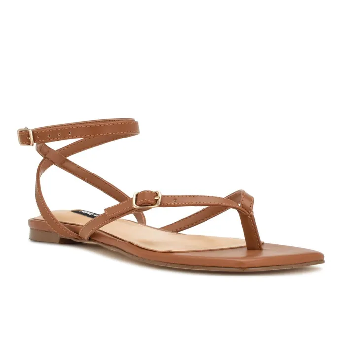 Nelson Ankle Wrap Flat Sandals New Luggage Women Nine West Flats Nelson Ankle Wrap Flat Sandals New Luggage Women Nine West Flats