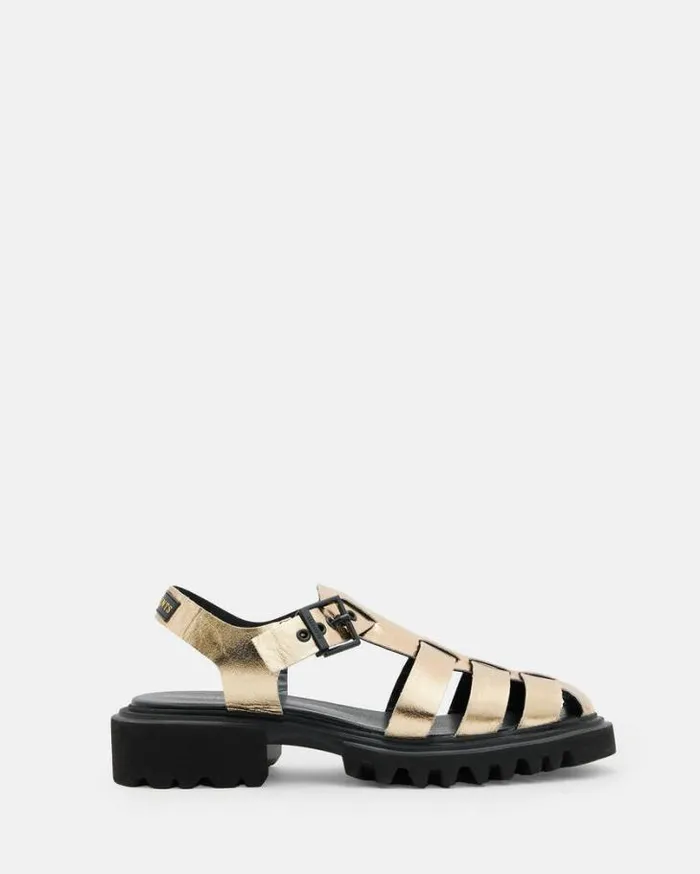 Nessa Chunky Leather Sandals Metallic Gold Women AllSaints Shoes and Boots