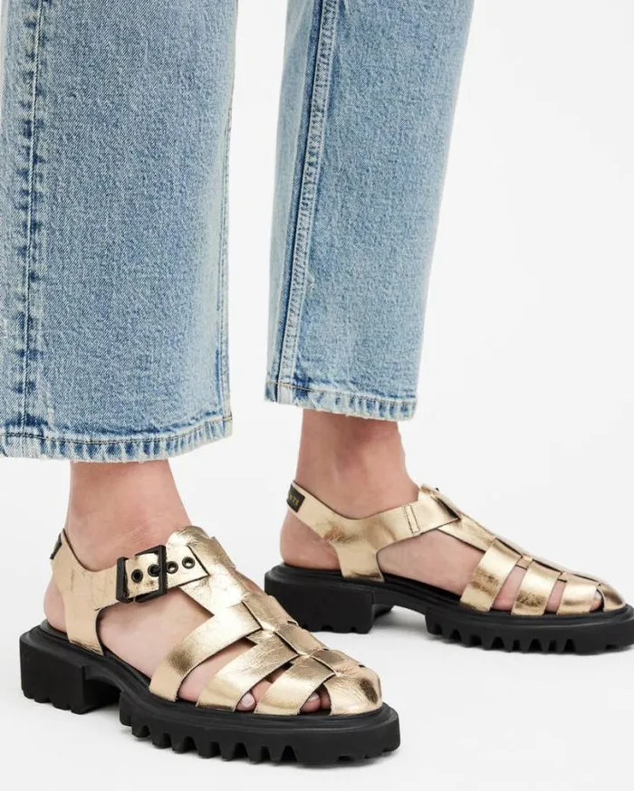 Nessa Chunky Leather Sandals Metallic Gold Women AllSaints Shoes and Boots