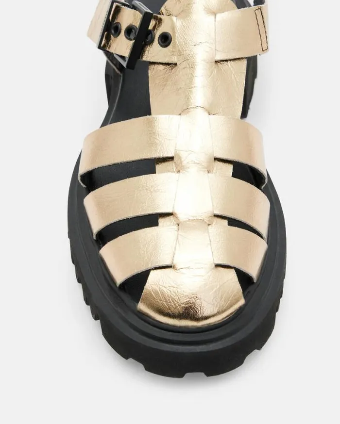 Nessa Chunky Leather Sandals Metallic Gold Women AllSaints Shoes and Boots