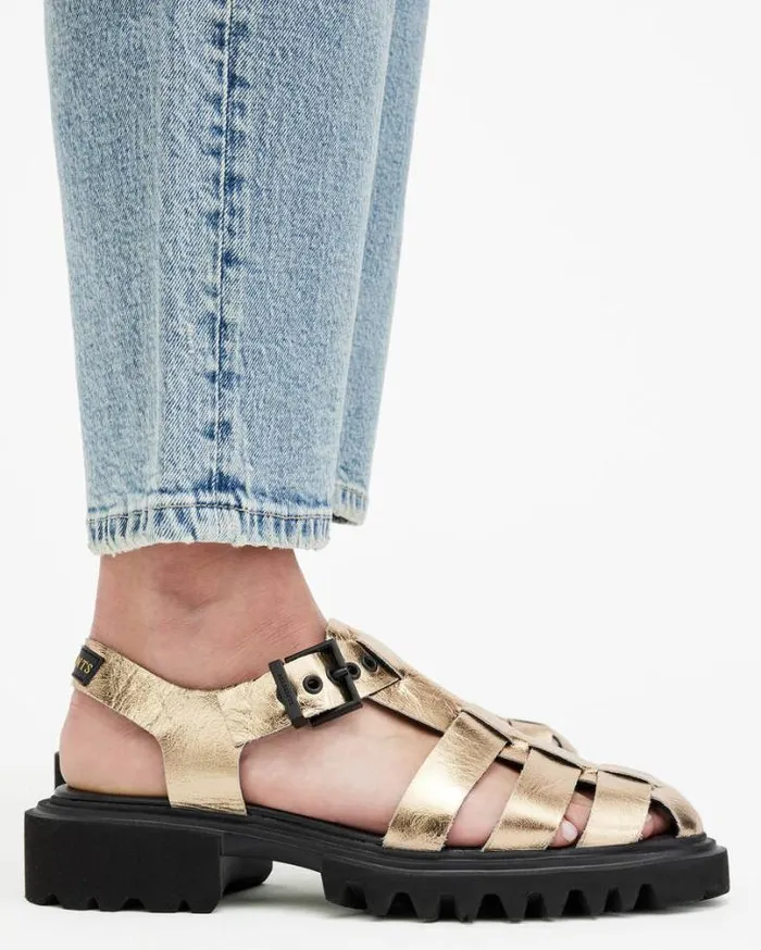 Nessa Chunky Leather Sandals Metallic Gold Women AllSaints Shoes and Boots