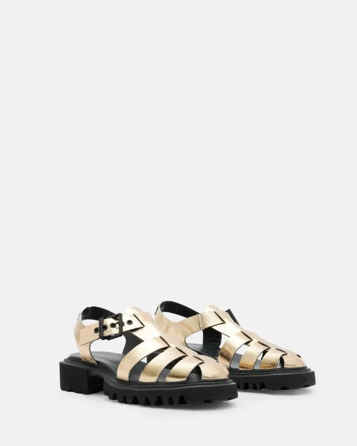 Nessa Chunky Leather Sandals Metallic Gold Women AllSaints Shoes and Boots