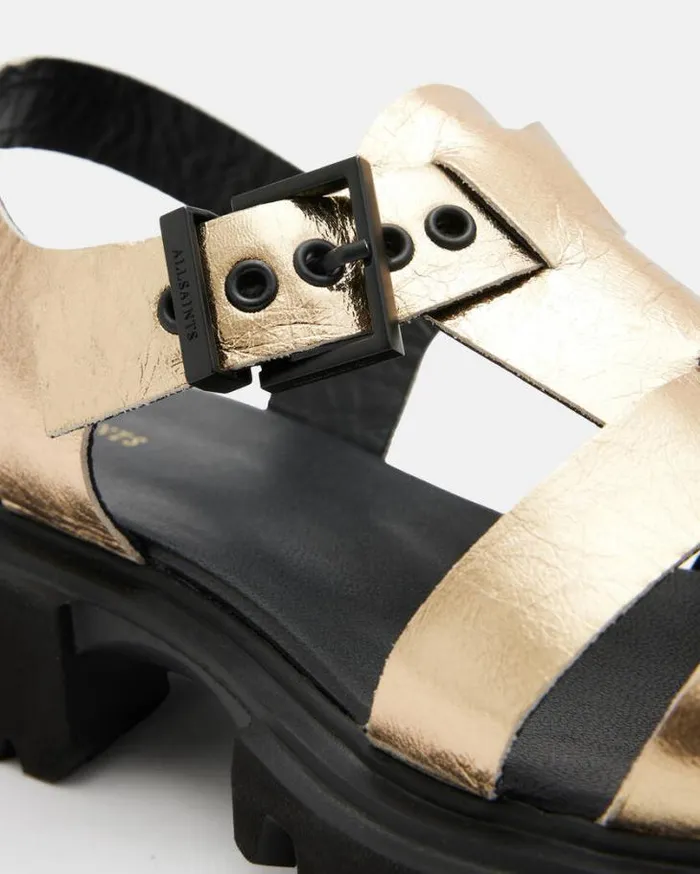 Nessa Chunky Leather Sandals Metallic Gold Women AllSaints Shoes and Boots