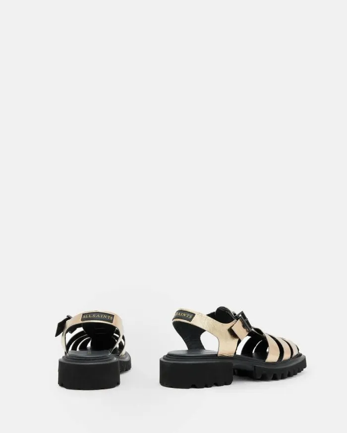 Nessa Chunky Leather Sandals Metallic Gold Women AllSaints Shoes and Boots