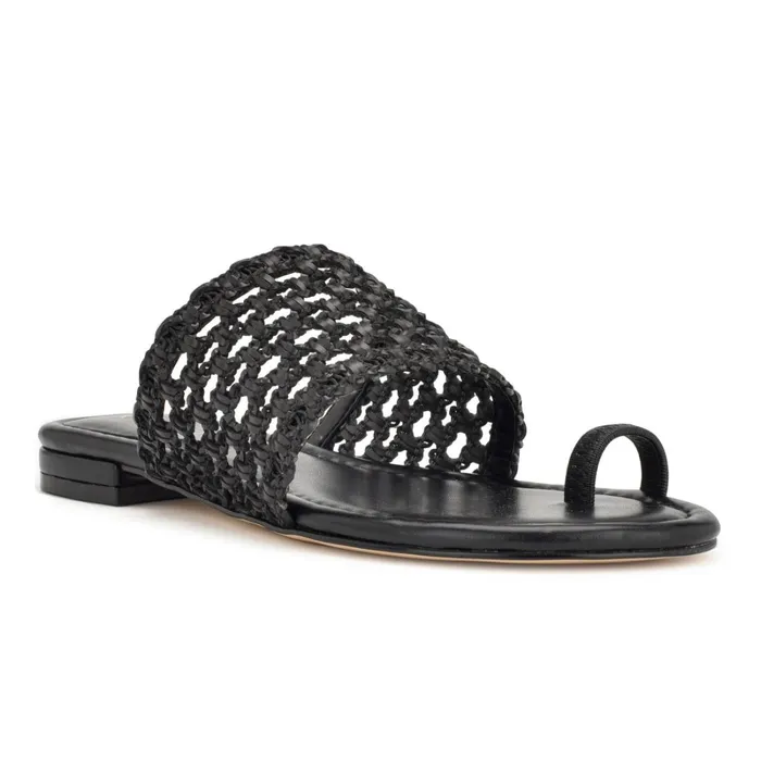 Nolah Flat Slide Sandals Black Woven Women Nine West Low Heel Nolah Flat Slide Sandals Black Woven Women Nine West Low Heel
