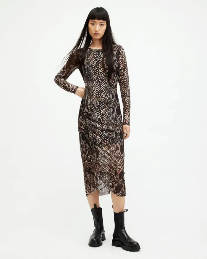 Nora Waima Slim Fit Ruched Midi Dress Black Women AllSaints Dresses