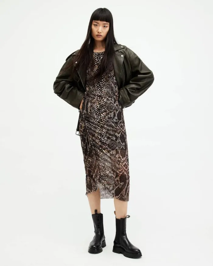 Nora Waima Slim Fit Ruched Midi Dress Black Women AllSaints Dresses