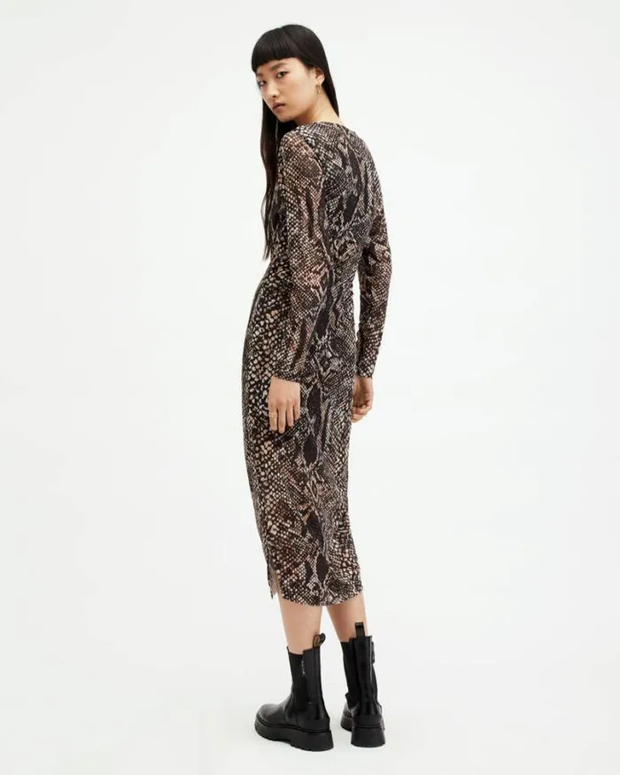 Nora Waima Slim Fit Ruched Midi Dress Black Women AllSaints Dresses