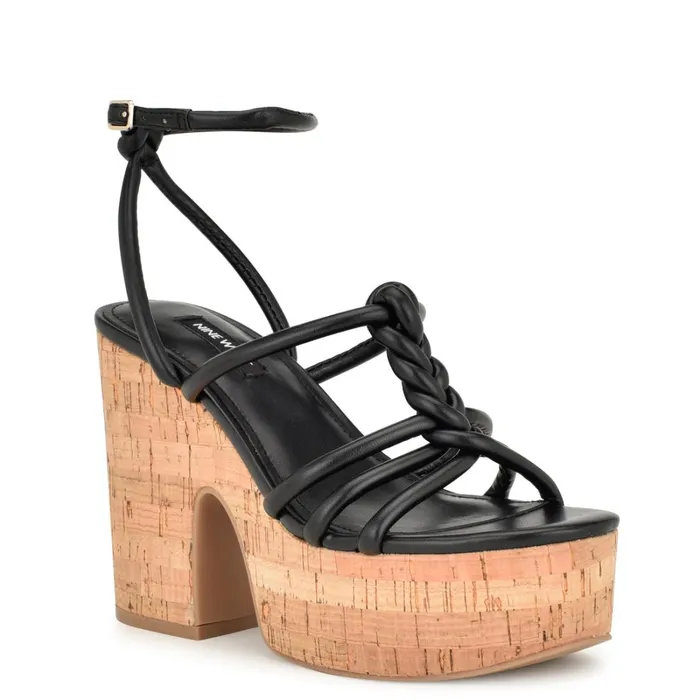 Olander Knotted Platform Sandals Black Women Nine West High Heels Olander Knotted Platform Sandals Black Women Nine West High Heels