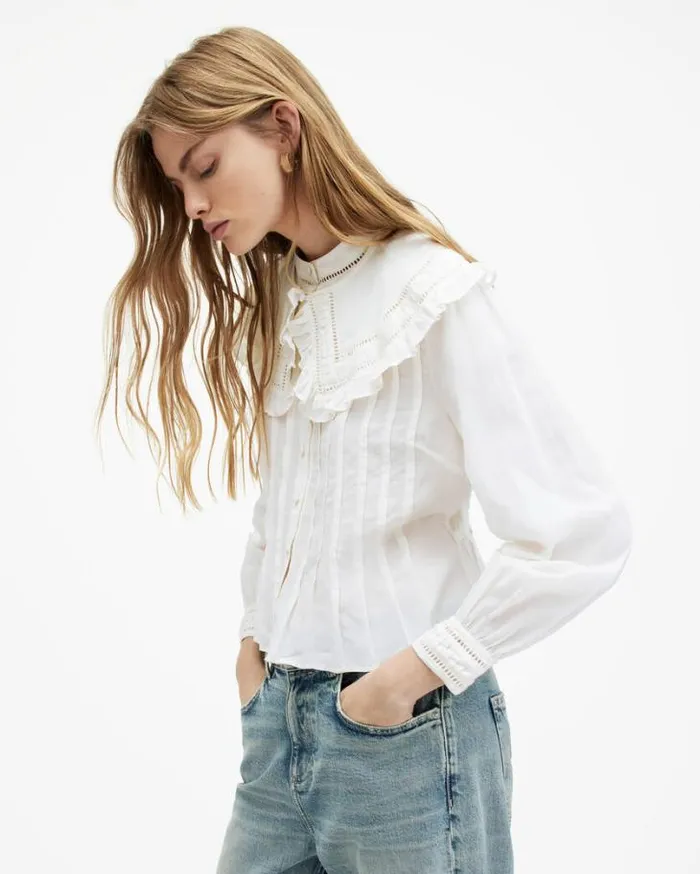Olea Removable Collar Pintucked Shirt White Women AllSaints Tops and Shirts