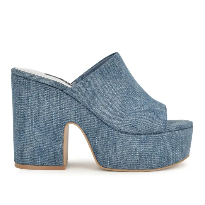 Olley Platform Slide Sandals Denim Women Nine West High Heels